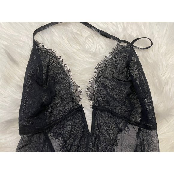 Victoria’s Secret XL Black Thong Sheer Lace Teddy Bodysuit Floral Sexy - Picture 7 of 8